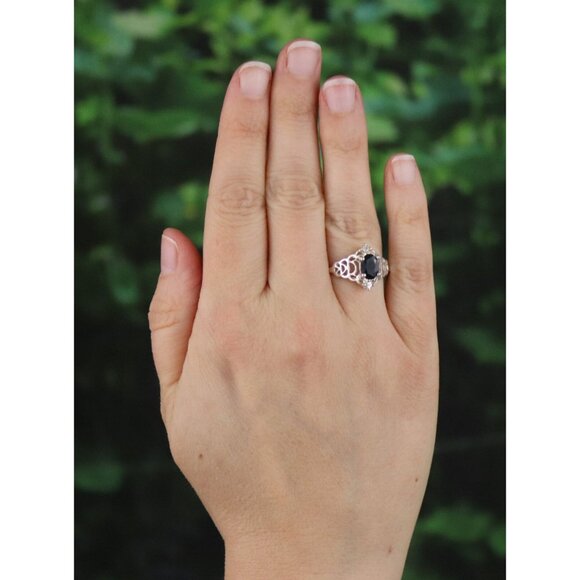 Sterling Silver Natural Dark Blue Sapphire and Cubic Zirconia Ring Size 8 1/4 - Picture 2 of 6